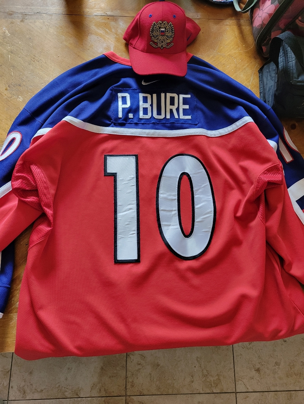 Nike Red and Blue Russian P. Bure #10 Hockey Jersey,Hat included